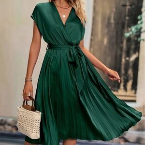 Emerald Green Batwing Pleated Satin Dress